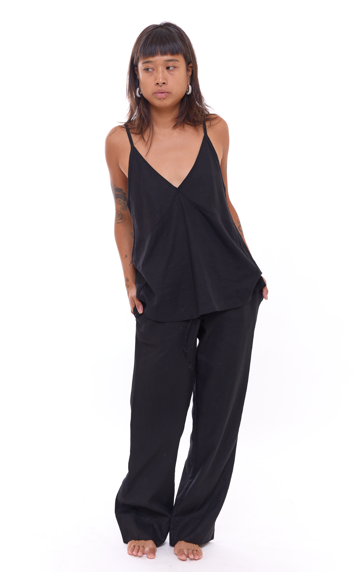 Black - Woman Linen Long Pants