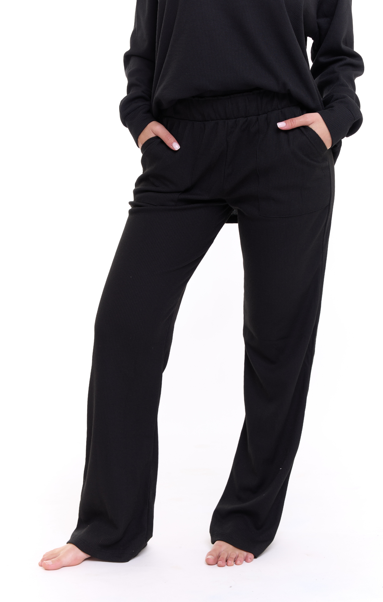 Black - Waffle long pants