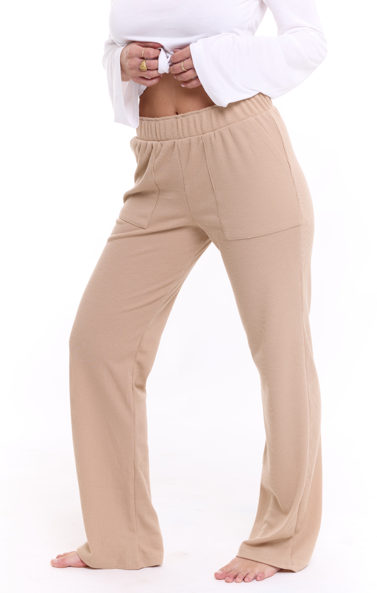 Beige - Waffle long pants