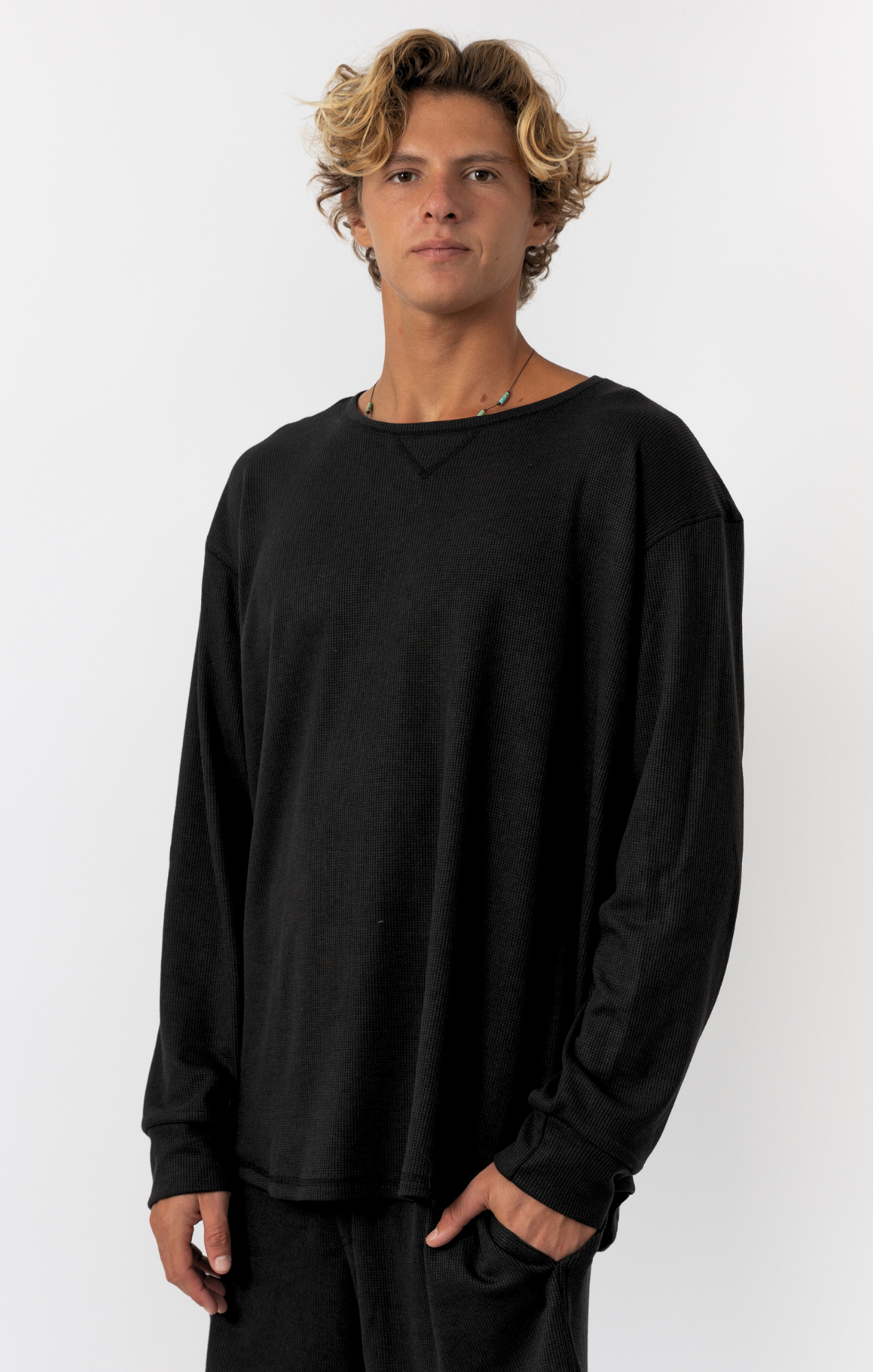 Black- Waffle Long Shirt