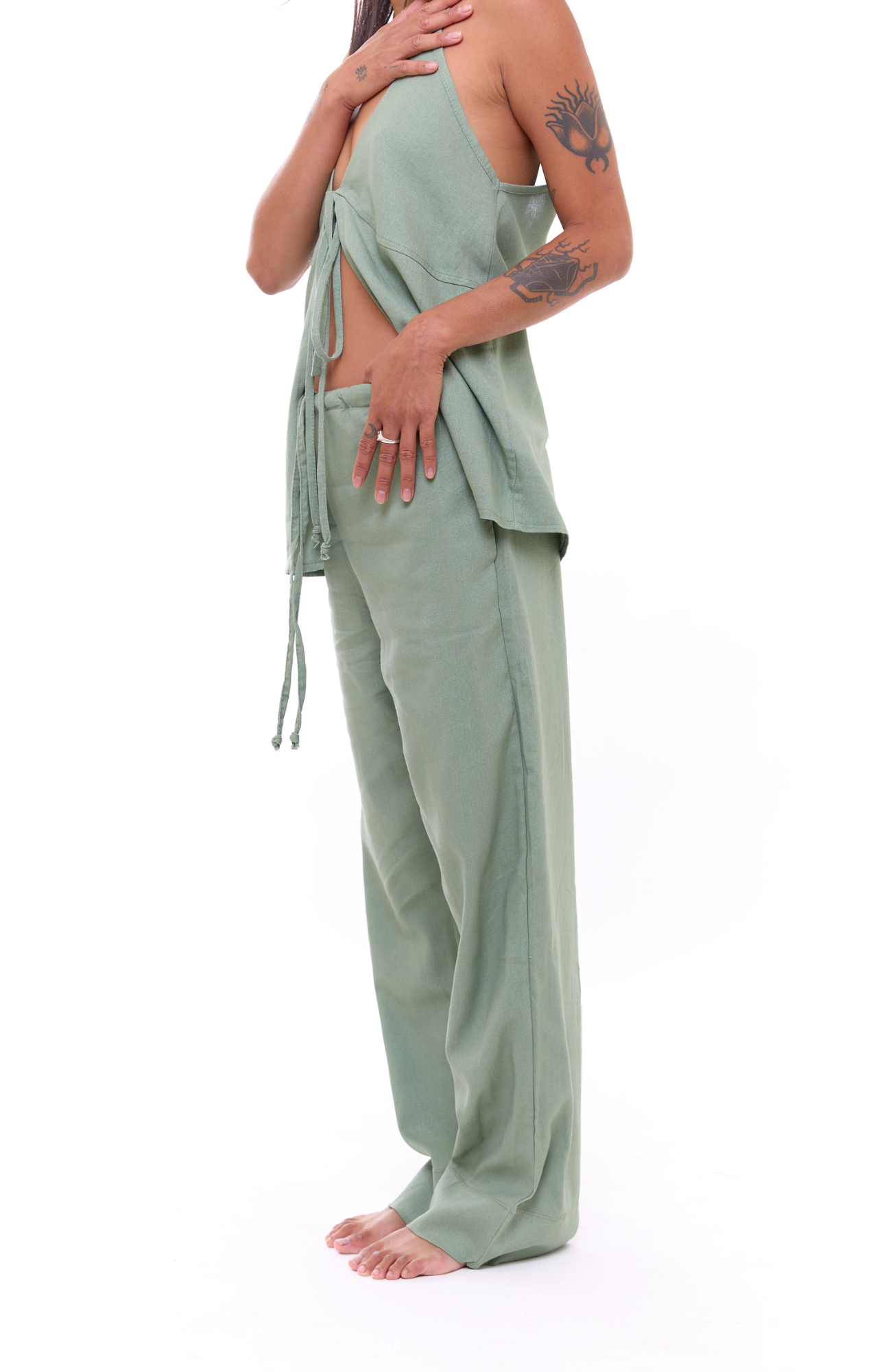 Green - Woman Linen Long Pants