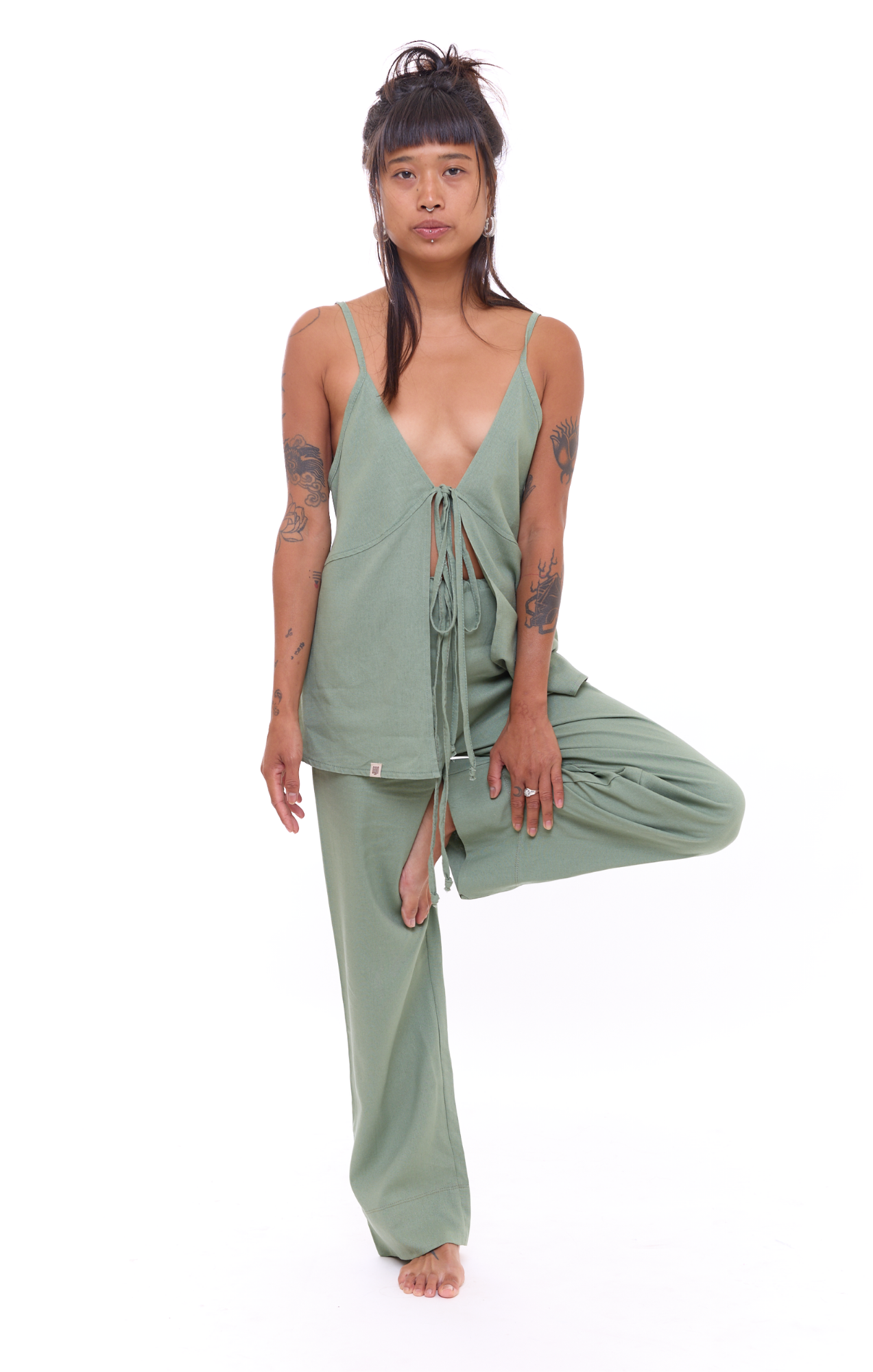 Green - Woman Linen Long Pants