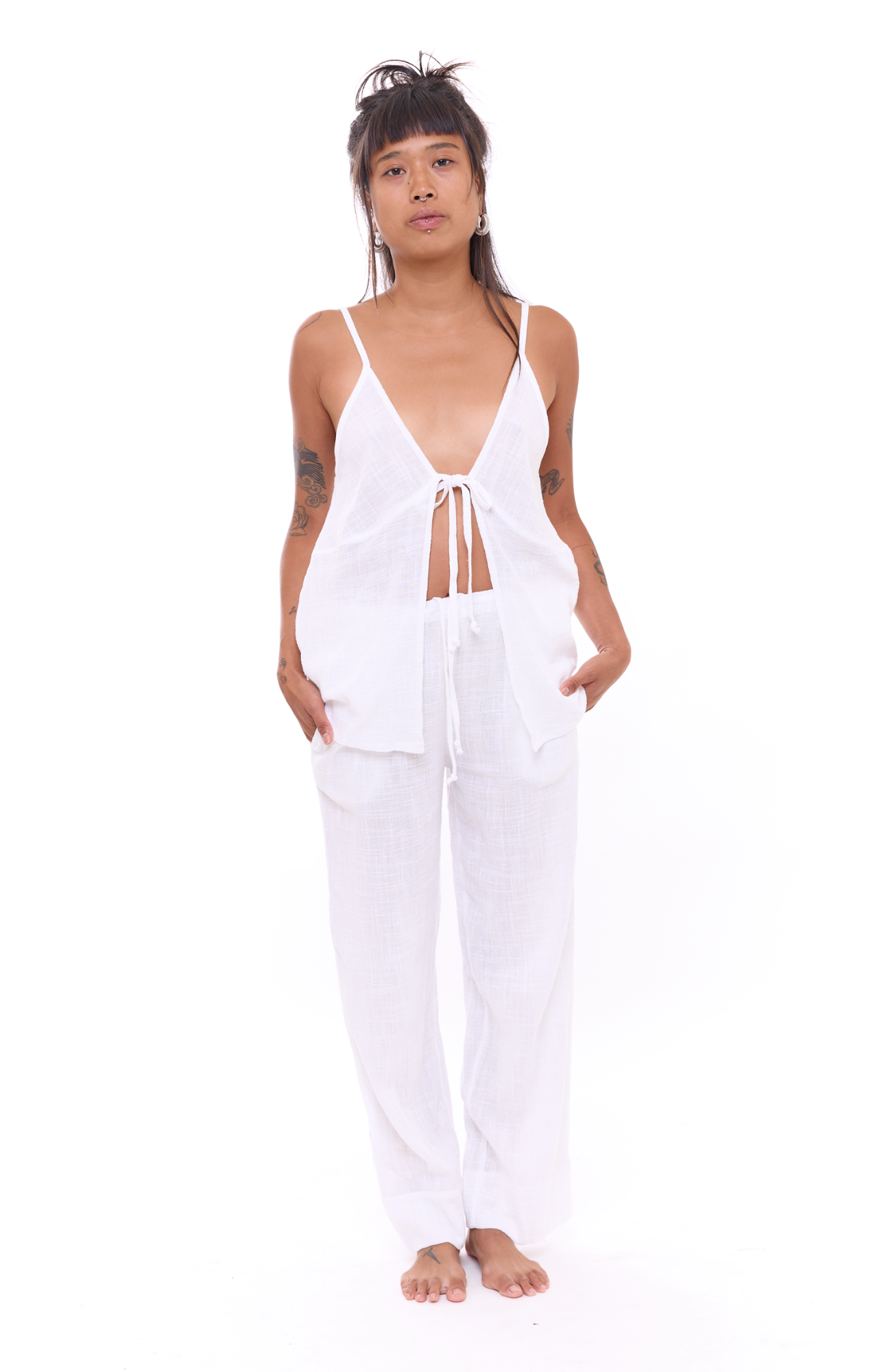 White texture - Woman Cotton Long Pants