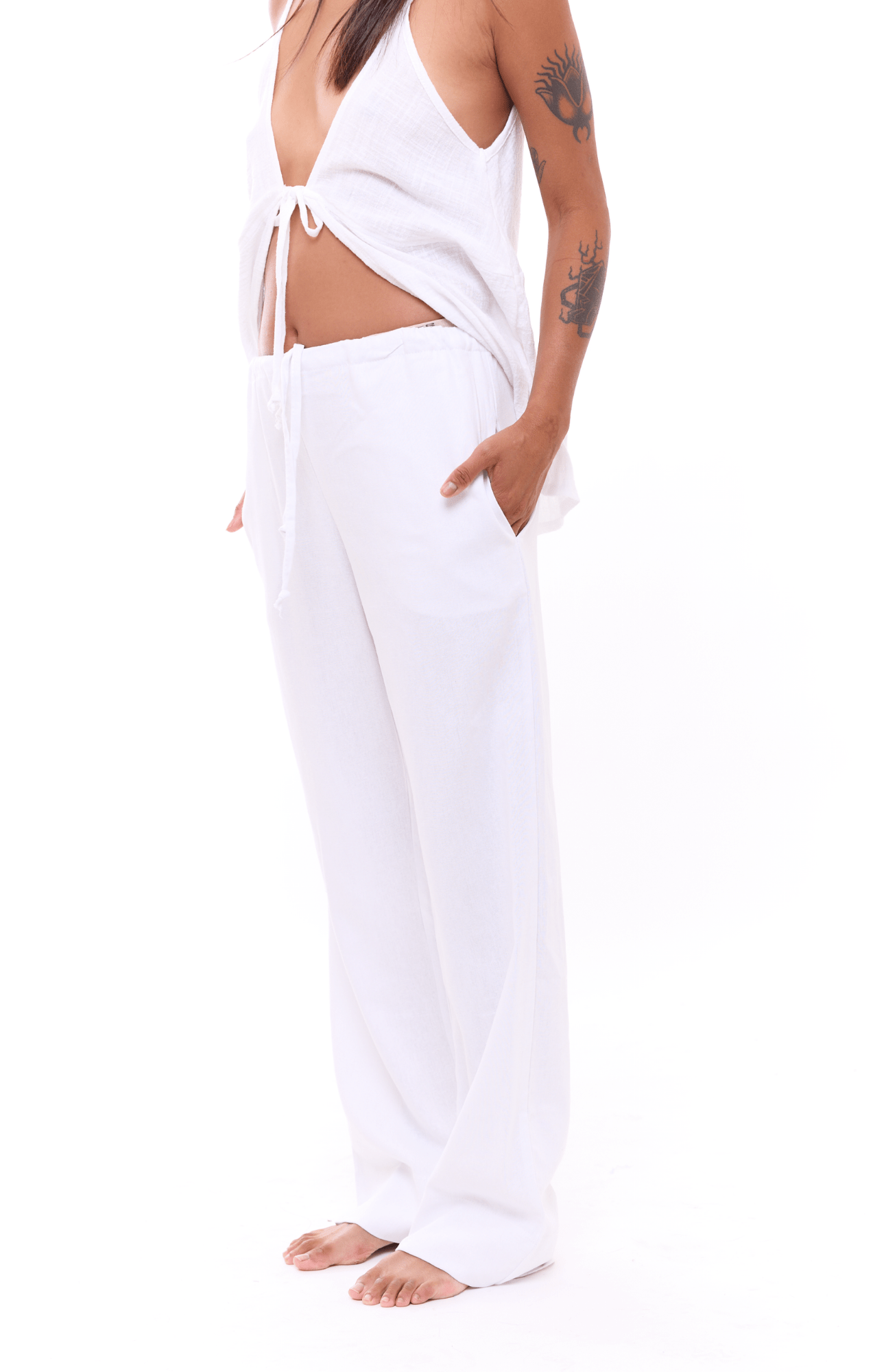 White - Woman Linen Long Pants - GONSURFING